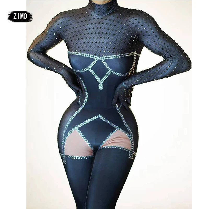 المرأة مثير أسود لامعة حجر الراين بذلة أداء القطب الرقص تمتد يوتار ملابس سحب الملكة مخصص ملهى ليلي المغني