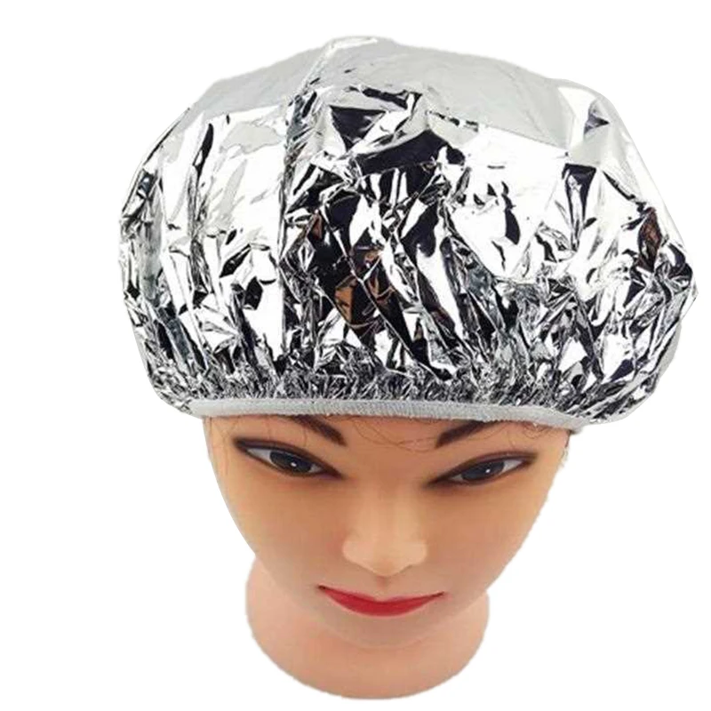 Gorro de ducha con aislamiento térmico para mujer, gorro de papel de aluminio, gorro de baño elástico para salón de pelo, Plata