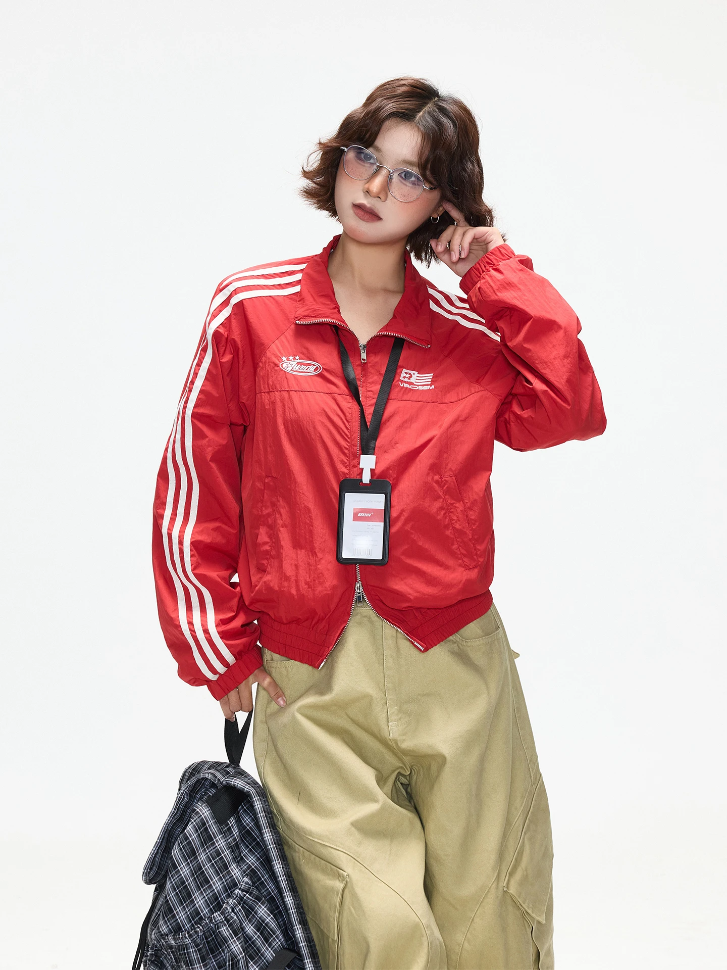 

Chen Zhanlao Store American Retro Stand Collar Jaet Women's Spring Autumn Tee Bars Jaet Top Sport ort Coat