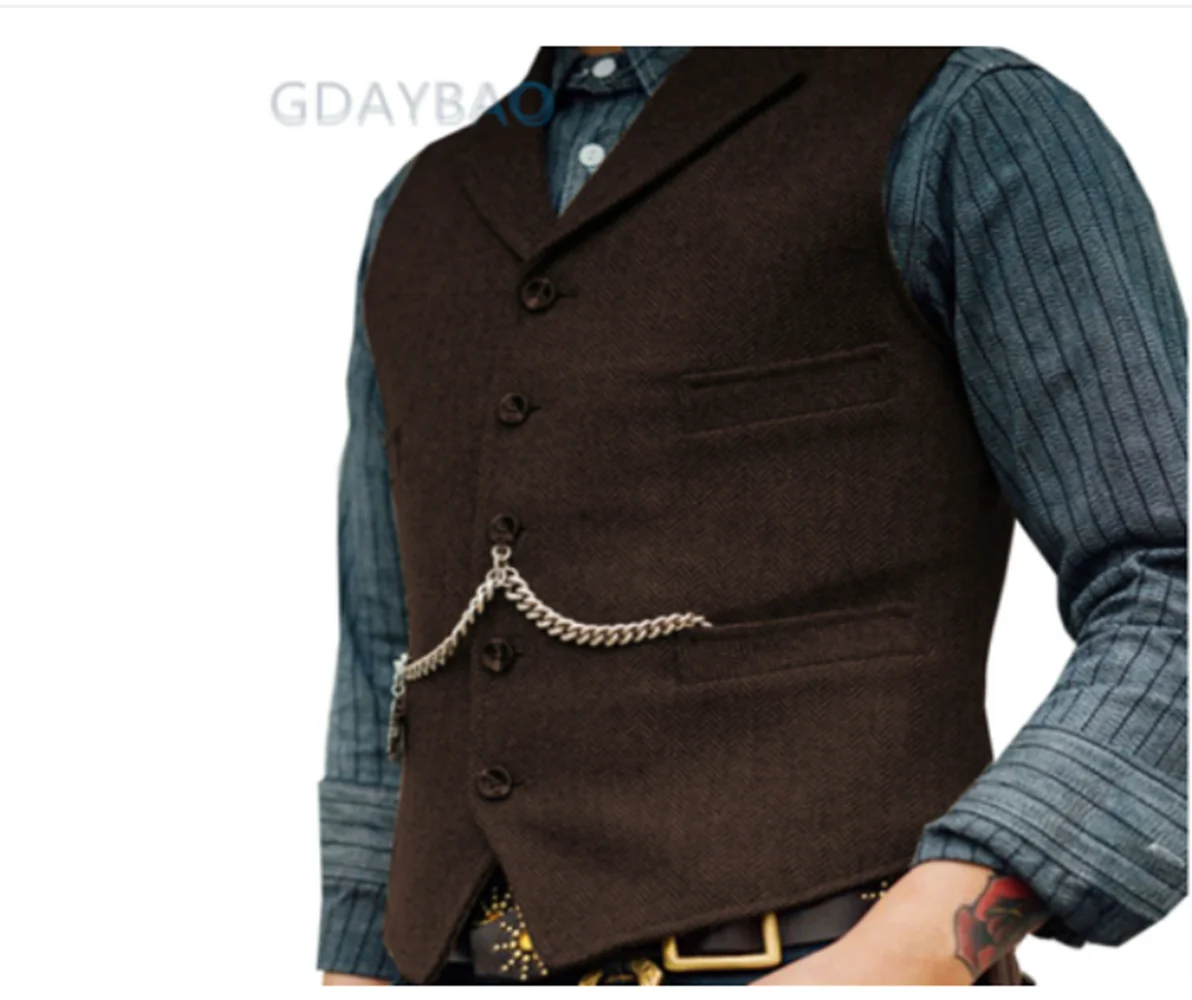 Men\'s Suit Vest Brown Wedding Wool Tweed Business Waistcoat Jacket Casual Slim Fit Gilet Homme Vests For Groosmen Man Wedding