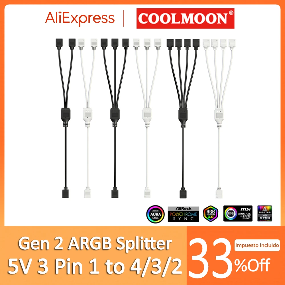 COOLMOON Gen 2 ARGB Splitter 5V 3 Pin 1 to 4/3/2 Universal Mainboard ARGB Extension Cable with Adapter Pin For Mainboard DIY