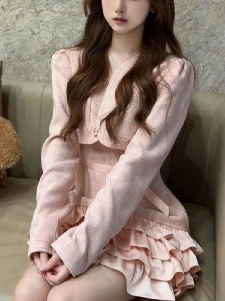 Sweet 2 Piece Dress Set Woman Pink Long Sleeve Coat + Bow Kawaii Mini Dress Female Korean Fashion Evening Party Suit 2024