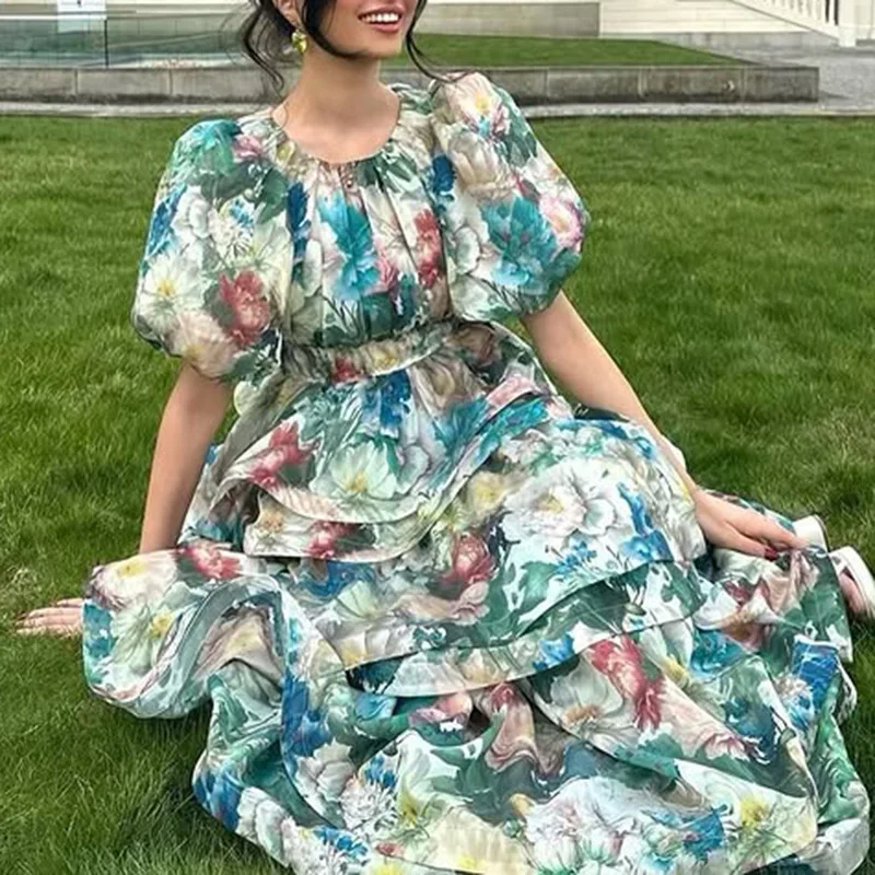

Premium printing and painting elastic waist and thin dress fashionable simple luxury temperament elegant high-end resort style p