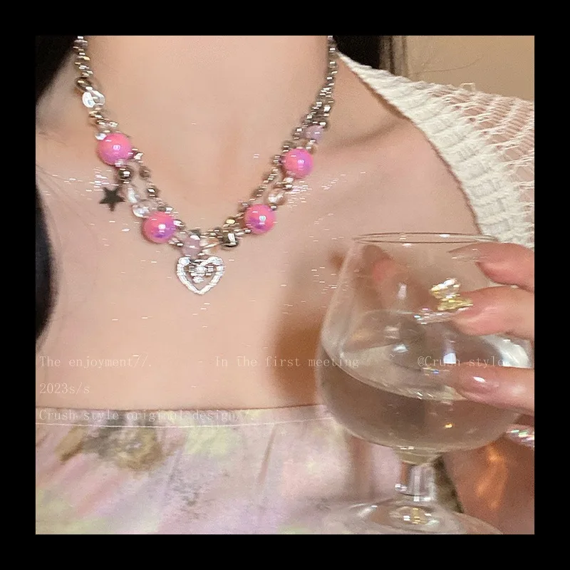 كاندي الحبيب ~ طبقة مزدوجة الحب مطرز سلسلة الترقوة المرأة 2023 جديد عصري اكسسوارات الحلو كول التوابل فتاة نمط قلادة