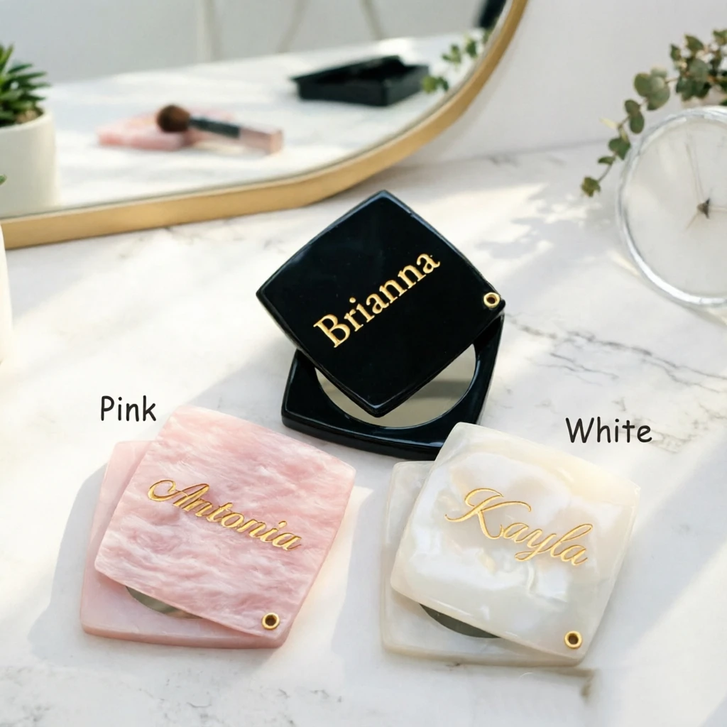 Customized name square acetate fiber compact mirror turtle shell pattern rotating pocket makeup mirror portable travel hand mirr