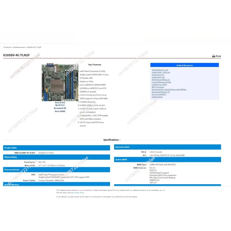 X10SDV-4C-TLN2F اللوحة الرئيسية NAS Synology ITX Server XEON D1521 Dual 10 جيجابت Port