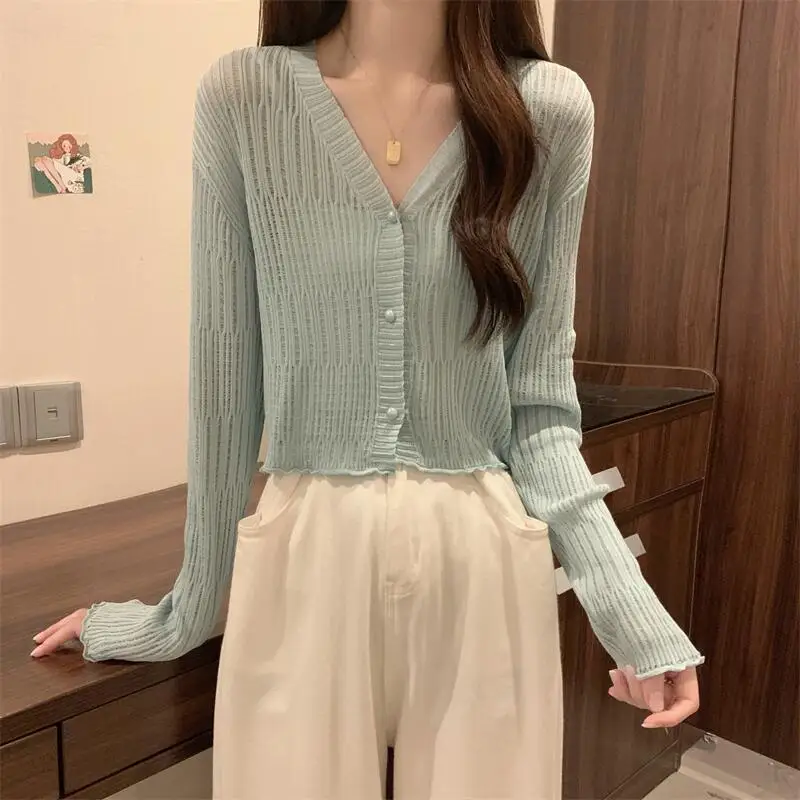 Cardigan Women V-neck Fungus Thin Sun-proof All-match Korean Fashion Ice-silk Hollow Out Design Popular Summer Hot Girls Knitted