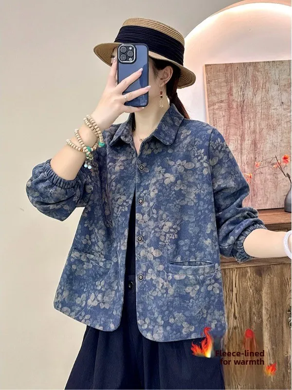 Retro Sle Fce gevoerde lange Sve irt Jaet dames losse pasvorm bedrukte Brued bovenkleding herfst winter nieuwe collectie