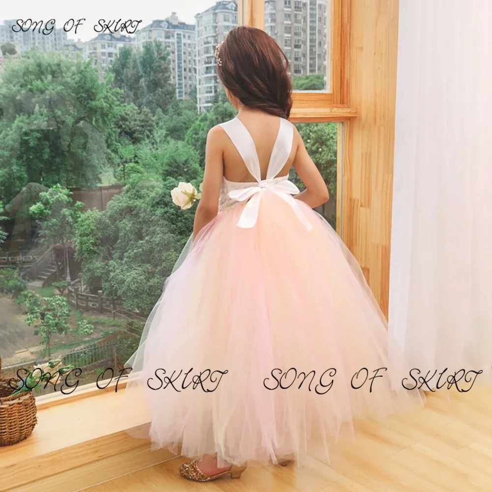 Customized Two-color Blocking Tulle Flower Girl Dresses Detachable 3D Artificial Performance Gown Sling Daughter Princess Skirt