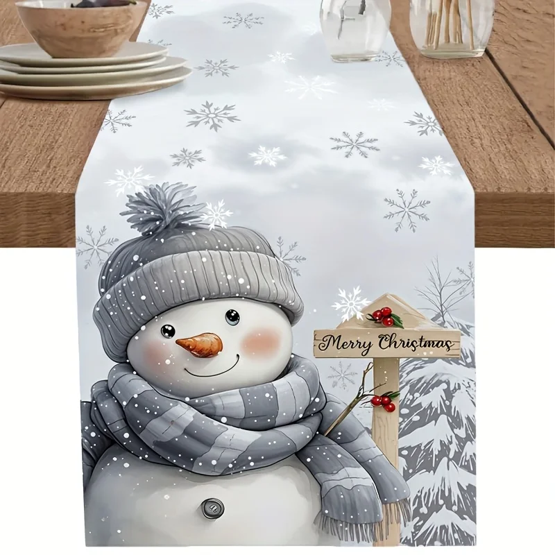 Table Runner Linen Winter Snowman Silver Snowflake Dining Cover Cloth Merry Christmas Kitchen Desk Placemat Decor
