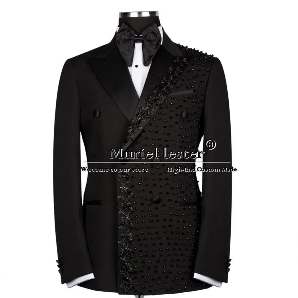 Exclusive Crystals Beading Suits Men For Wedding Double Breasted Jacket Pants 2 Pieces Man Formal Party Groom Tuxedo Tailored