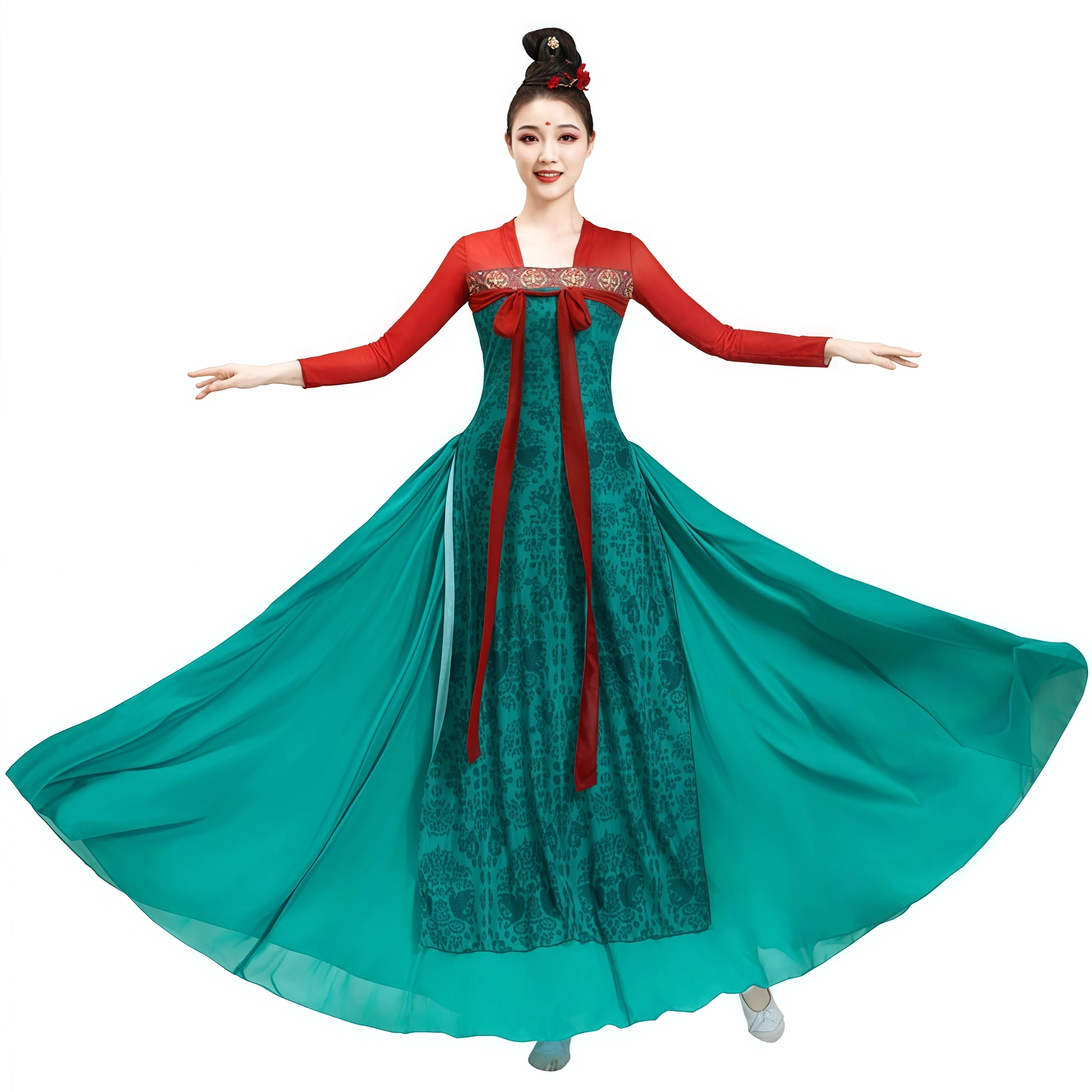 女性用中国古典舞踊衣装、漢服風ロングドレス、フレアスリーブ、ステージパフォーマンス練習用ダンスウェア