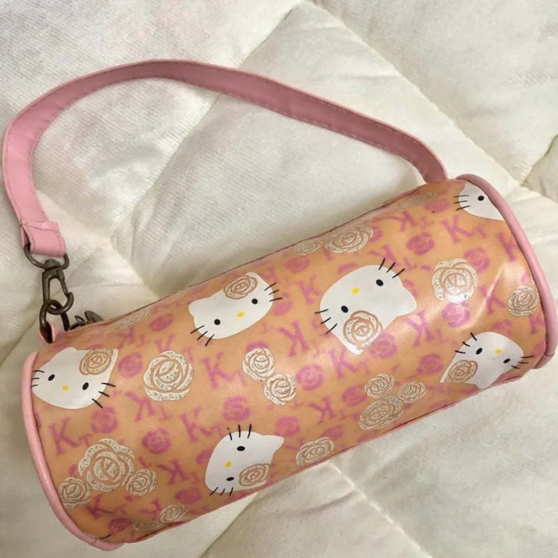 Sanrio Hello Kitty Shoulder Bag Style Girls Zipper Bag Cute Originality Middle Ancient Style Pink Dopamine Cylindrical Package