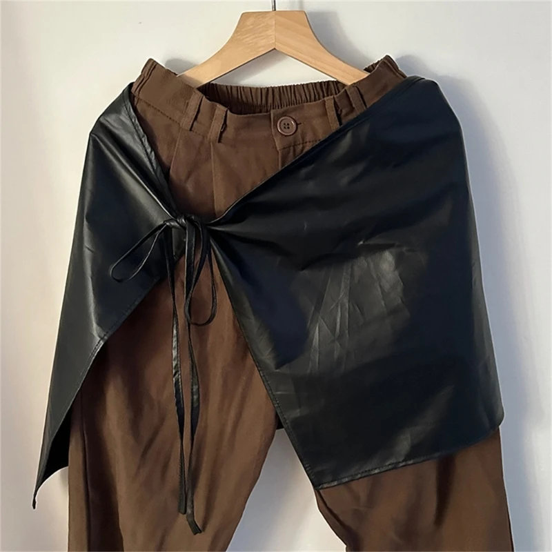 Women Vintage Faux Leather Half Wrap Skirt Tie Up Apron Covering Short Overskirt Dropship