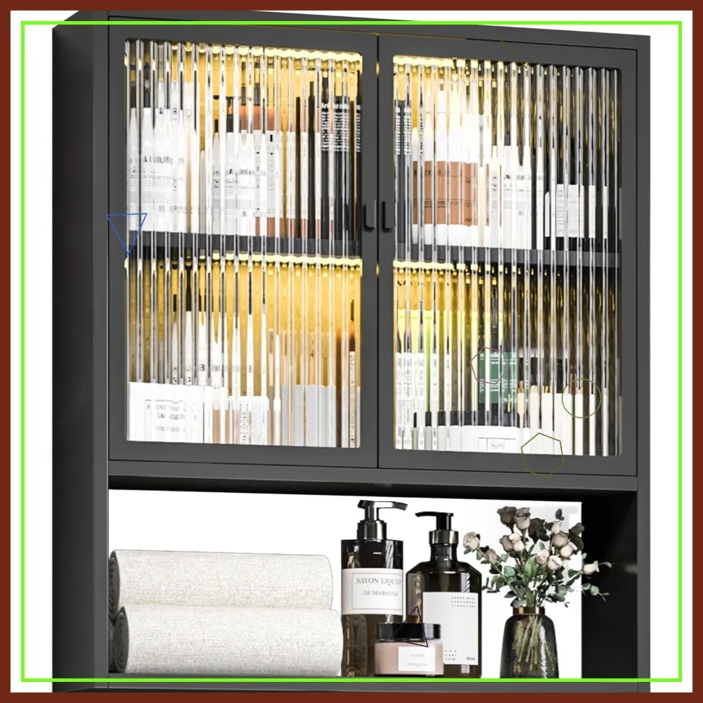 

Metal Medicine Cabinet with Glass Doors, Wall Mounted Bathroom Storage Over Toilet, Black Small Cupboard