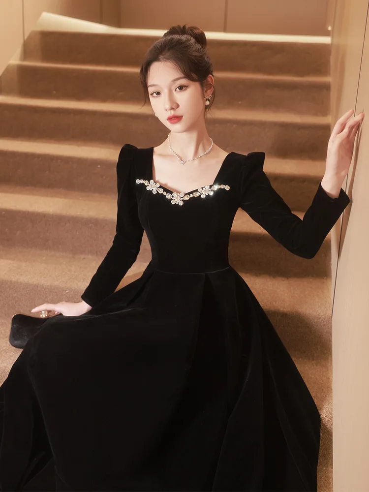 Autumn Winter Black Evening Dress Women Elegant Luxury Velvet Long Sleeve A-line Party Dresses French Beadding Prom Gown