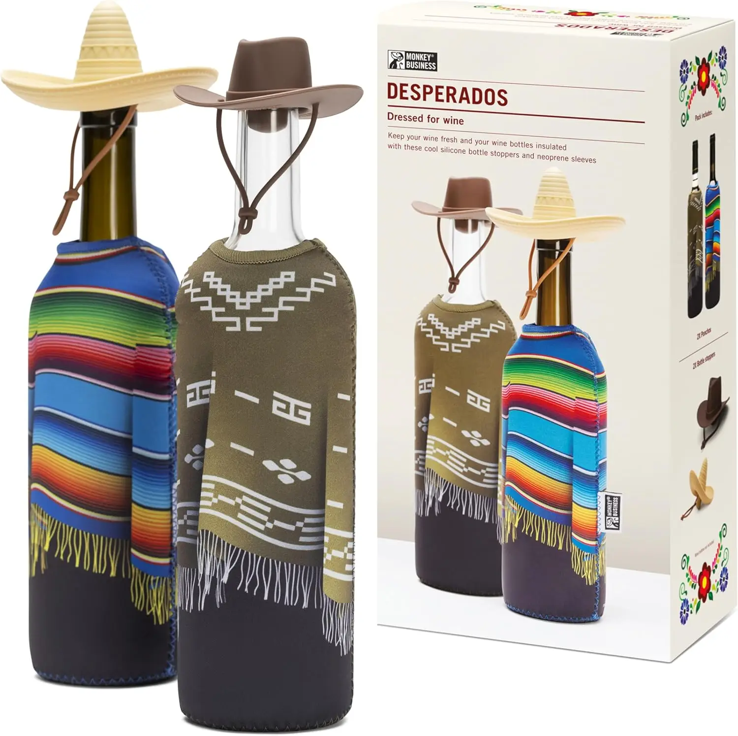 

Monkey Business Giftbox for Wine Lovers – 2 Neoprene Bottle Poncho Covers + 2 Silicone Stoppers – Funny Gifts for