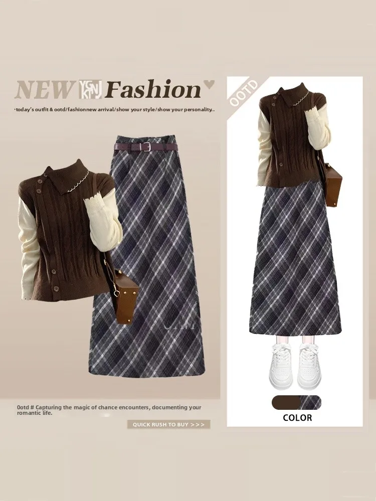 

Korean College Sle Plaid Skirt And Knitted Cardigan Women's Winter Faion Versatile High-End Feeling Youthful Set