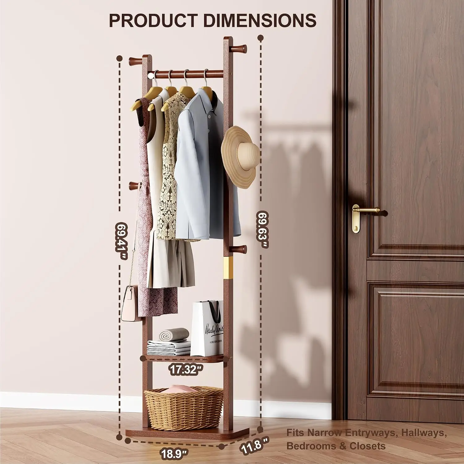 Coat Rack Freestanding, Solid Wood Clothes Rack with 2 Shelves & 5 Hooks for Hanging Clothes Garment Wallets Hats, Customized