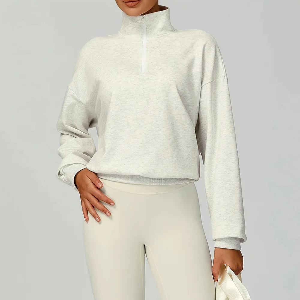 

100% Cotton Winter Yoga Hoodies Stand Neck Half Zipper Sports Sweatshirts Women High Waist Long Sleeve Gym Fitness Running Tops