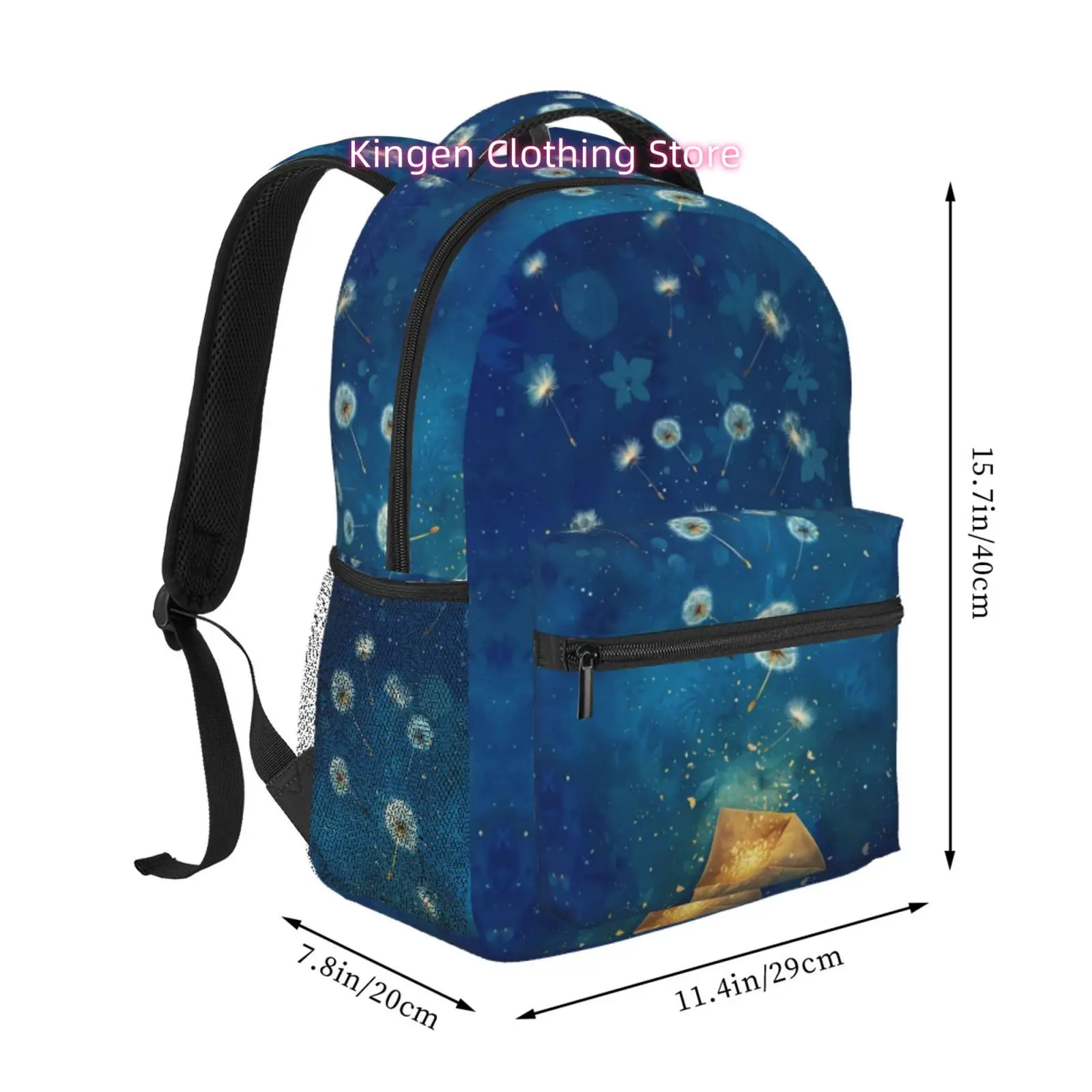 Midnight Blue Dandelion Print Backpack, Oxford Cloth Casual Daypack, Adjustable Straps, for Outdoor And Daily Use