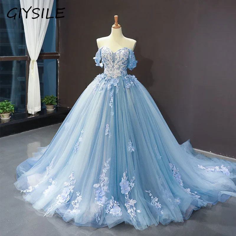 

Sweet and Elegant Colorful Yarn New Fluffy Dress Light Blue Off Shoulder Trailer Dress Evening Dress Wedding Dresses for Women