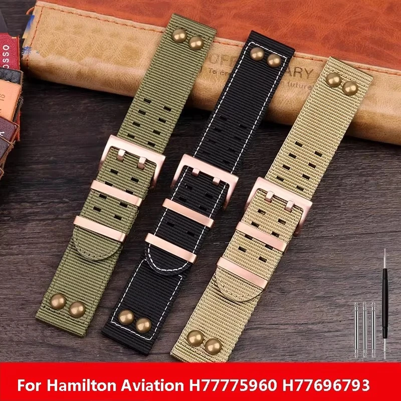 22mm Nylon Strap Willow Nails for Hamilton Watch Khaki Aviation Bracelet H77775960 H77696793 Waterproof Outdoor Sport Watchband