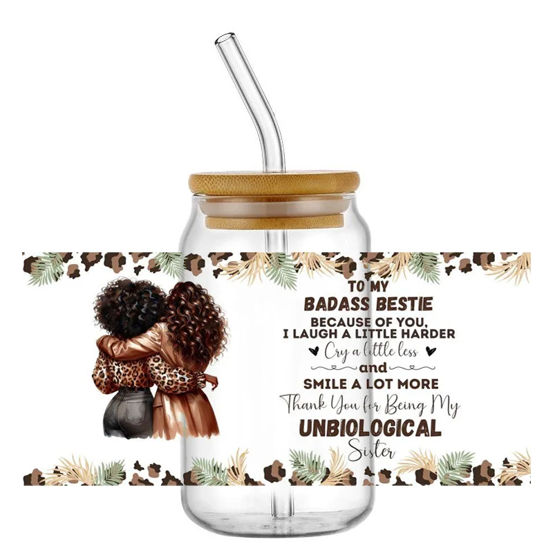 Bestie Unbiological Sister UV DTF Wraps, Leopard Print Friendship Stickers for 16oz Glass Cans, Waterproof DIY Decals