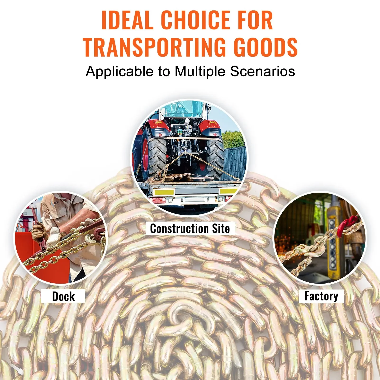 سلسلة مجلد نقل من SIHAO مكونة من قطعتين، حد حمل العمل بوزن 4900 رطل، سلسلة سحب 5/16 بوصة × 20 بوصة G80 مع خطافات انتزاع، لمصنع الاتهام #6