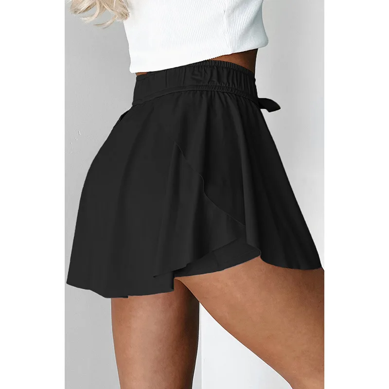 2025 Summer Solid Pleated Slim Casual Culottes Women Elastic High Waist Drawstring Patchwork Fashion Versatile Streetwear Skirt