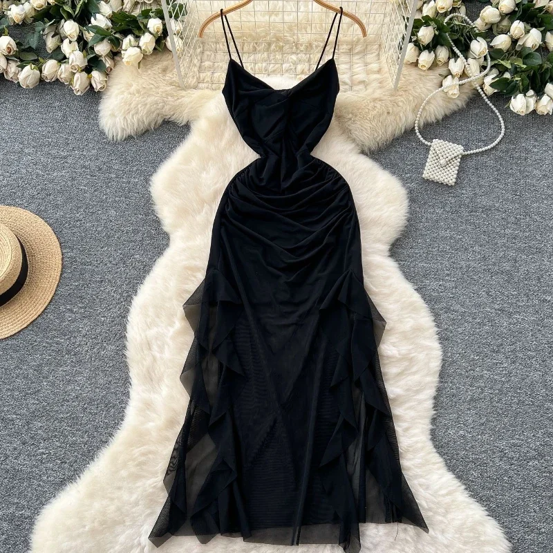 Pop Summer Sexy Strap Mesh Beach Long Dress Fashion Strap Cross Irregular Ruffles Split Sundress Solid Sheer Backless Party Dres