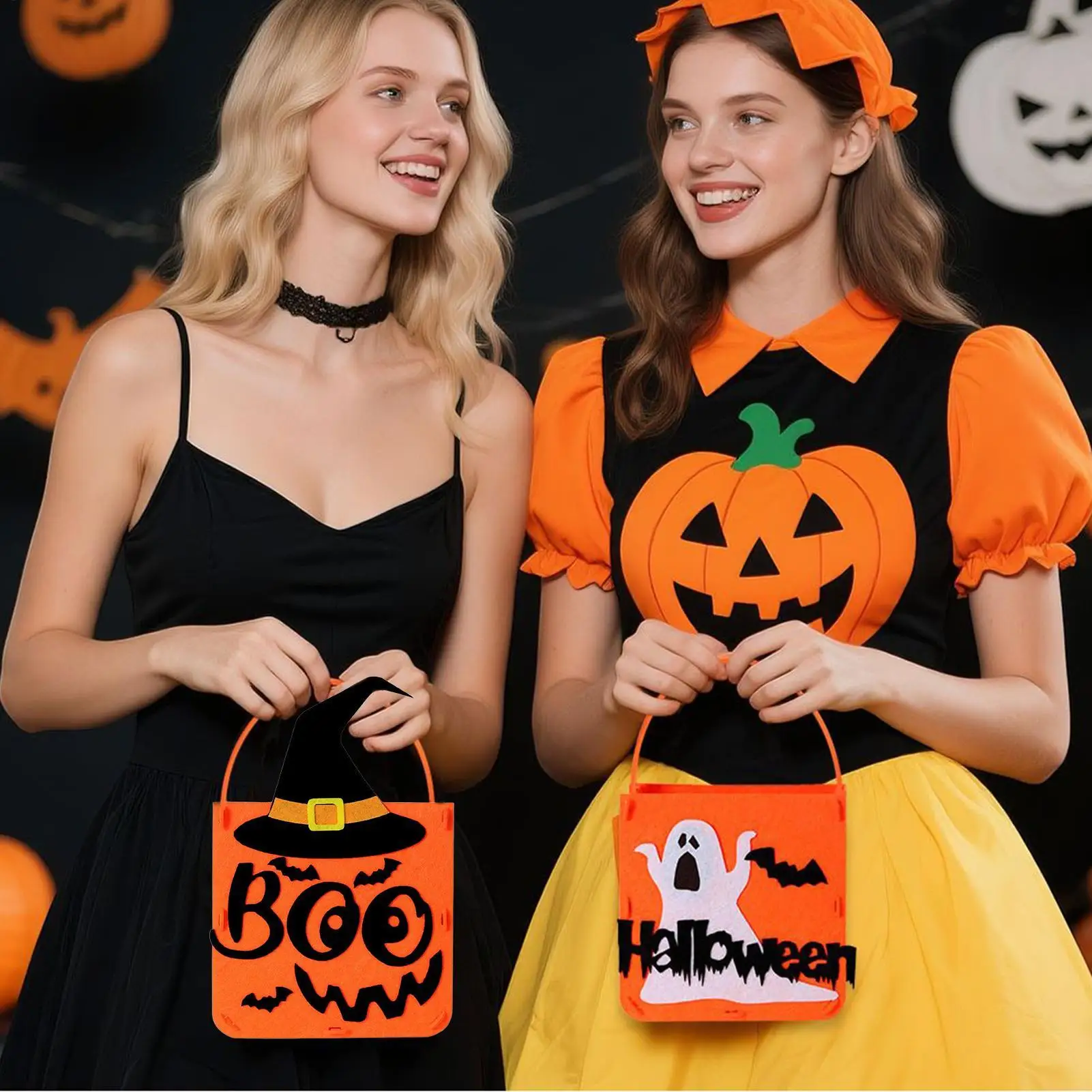 Halloween Treat Bags 4 Pieces Pumpkin Ghost Bat Witch Hat Snack Bag Cute Felt Bucket Goodie Candy Chocolate Container Party