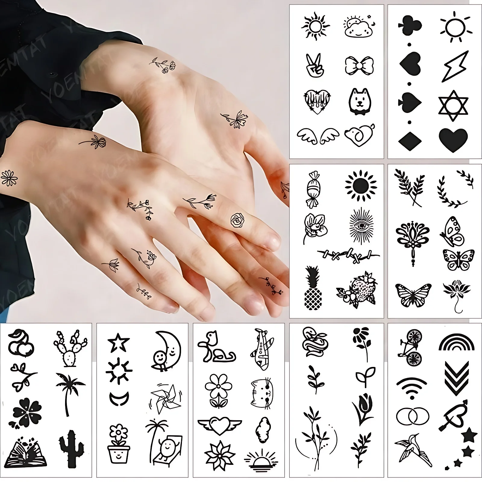 10pcs/set Finger Small Simple Fake Tattoos Stickers Moon Star Heart Temporary Tattoos Adhesive for Women Men Girls Hand Body