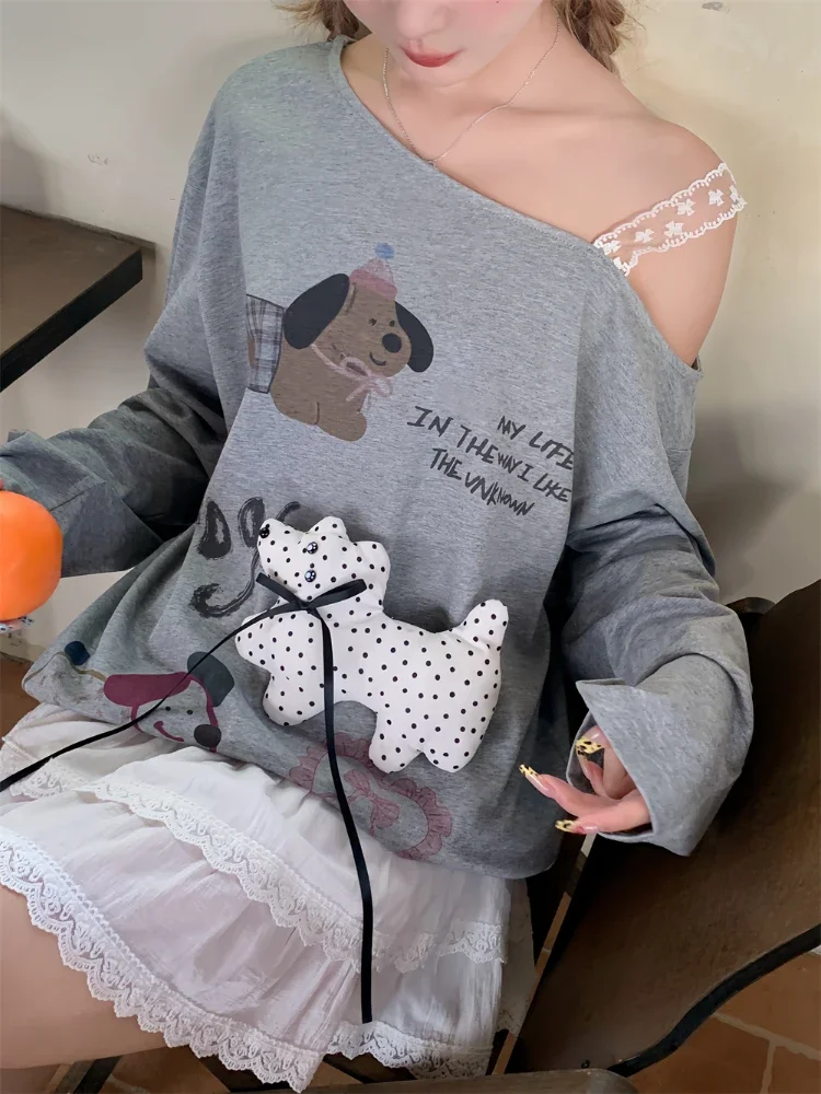 ADAgirl Funny Dog Print Off Shoulder Oversized T Shirt with Lace Shoulder Belt Kawaii Long Sleeve Top Autumn Korean Fashion Tees