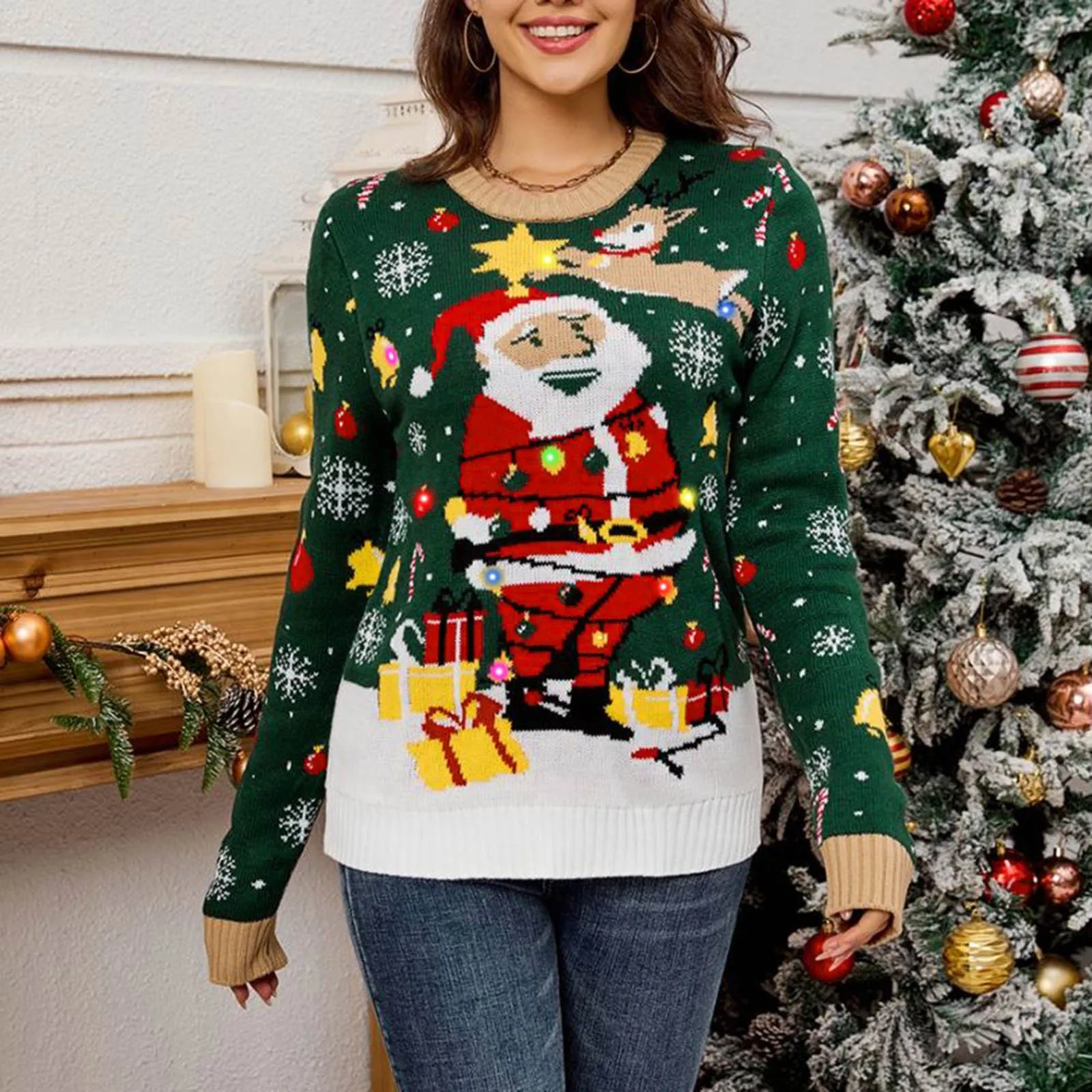 

Christmas Sweater Women's Fashion Led Light Pullover New Dinosaur Jacquard Knit Sweater For Winter 2024 Women Warm Casual Top