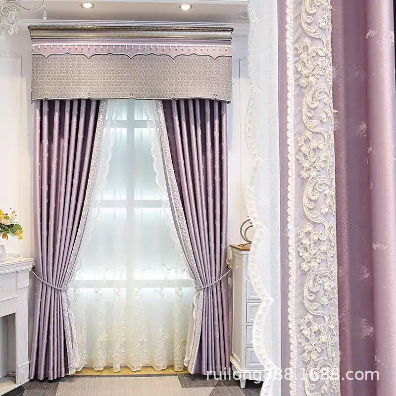 

Custom curtain American luxury modern living room bedroom study balcony purple cloth blackout curtain tulle valance drape C981