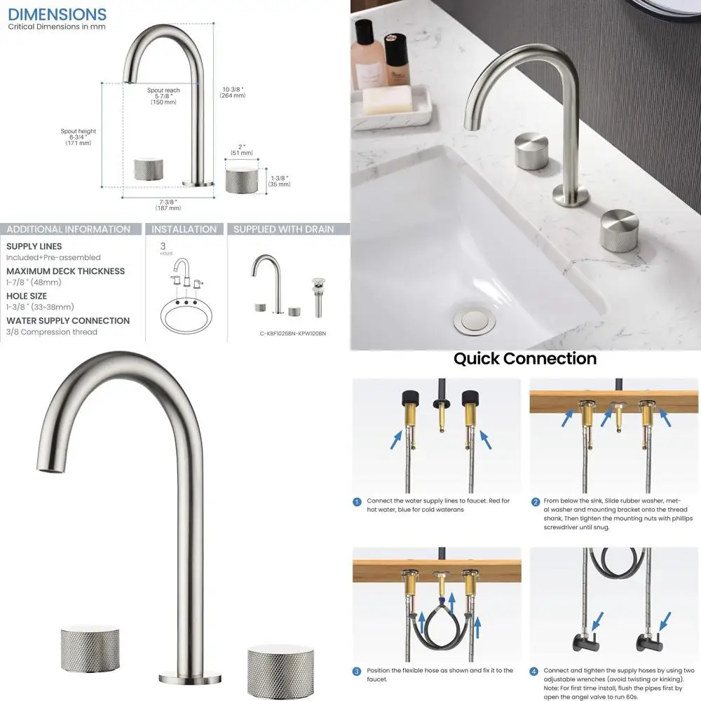 

8 Widespread Solid Brass Bathroom Sink Faucet with Drain, 3-Hole Lavatory Fixture, Circular X Design, Corrosion-Resistant, Smoot