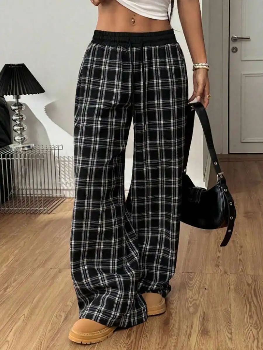 Classic Plaid Loose Straight Leg Pants With Contrast Waistband Drawstring Casual Lightweight Spring Summer