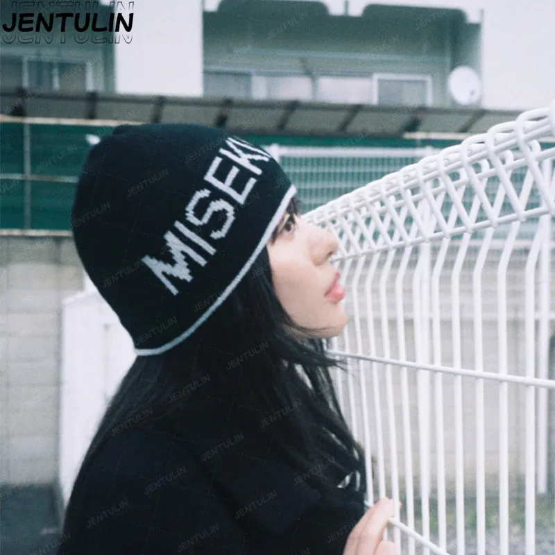 Y2k Streetwear Women Hat Black Knit Letter Beanies Strides Cap Men Winter Jacquard Kpop Warm Hip Hop Goth Pullover Accessories