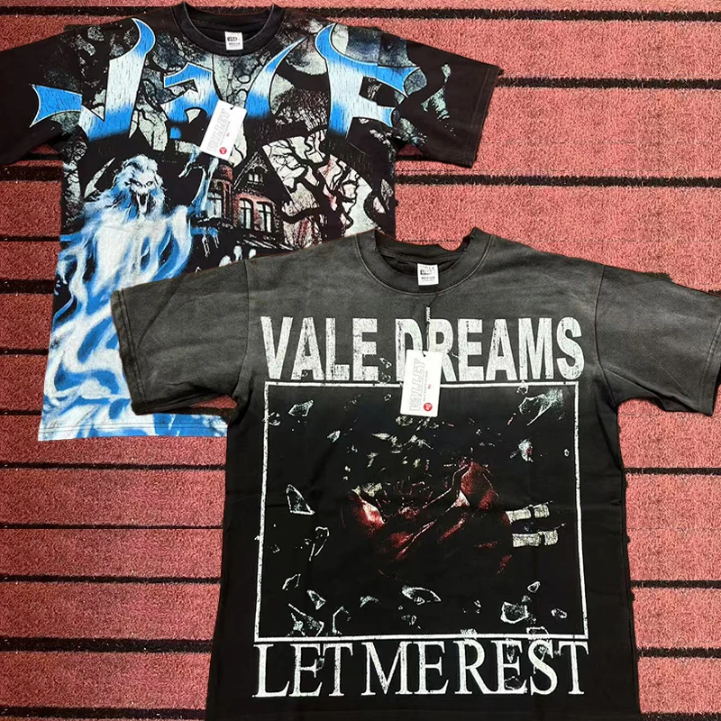 

VALE Dreams, инкрустированная бриллиантами, потертая вручную футболка VALE, хорошее качество, модная мужская летняя стильная женская винтажная футболка, футболка