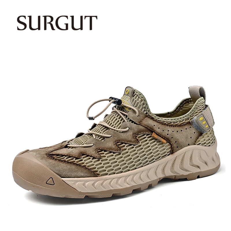 

SURGUT Summer Breathable Mesh Casual Men Sneakers Shoes Thick Soft Outsole Pig Skin Leather Comfortable Foot Feel Fashion Sense