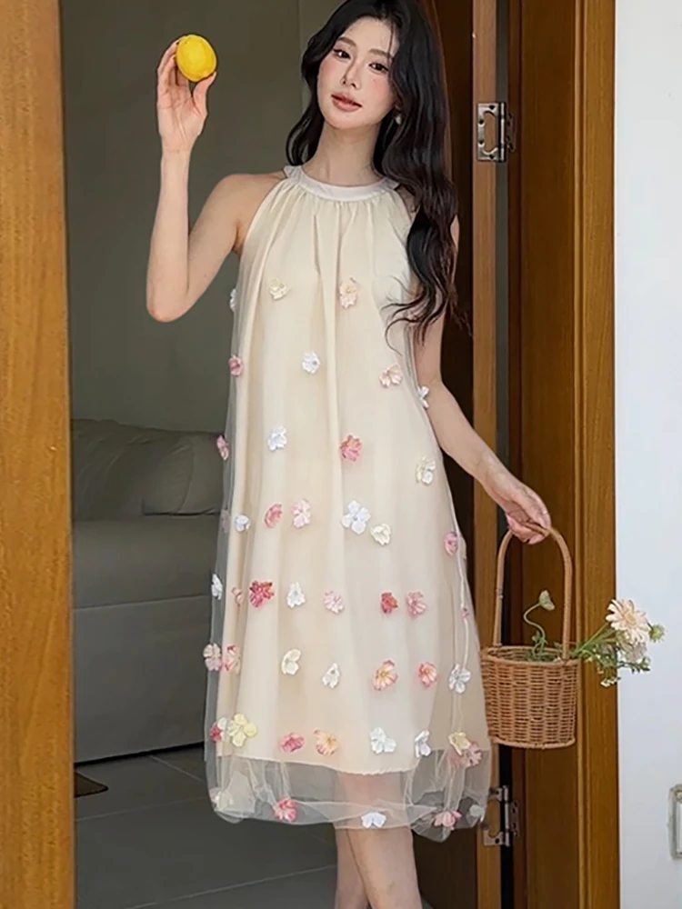 Women New Mesh Appliques Chic Neck-mounted Midi Dress Summer Boho Elegant Loose Waist Casual Dress 2025 Korean Luxury Prom Dress