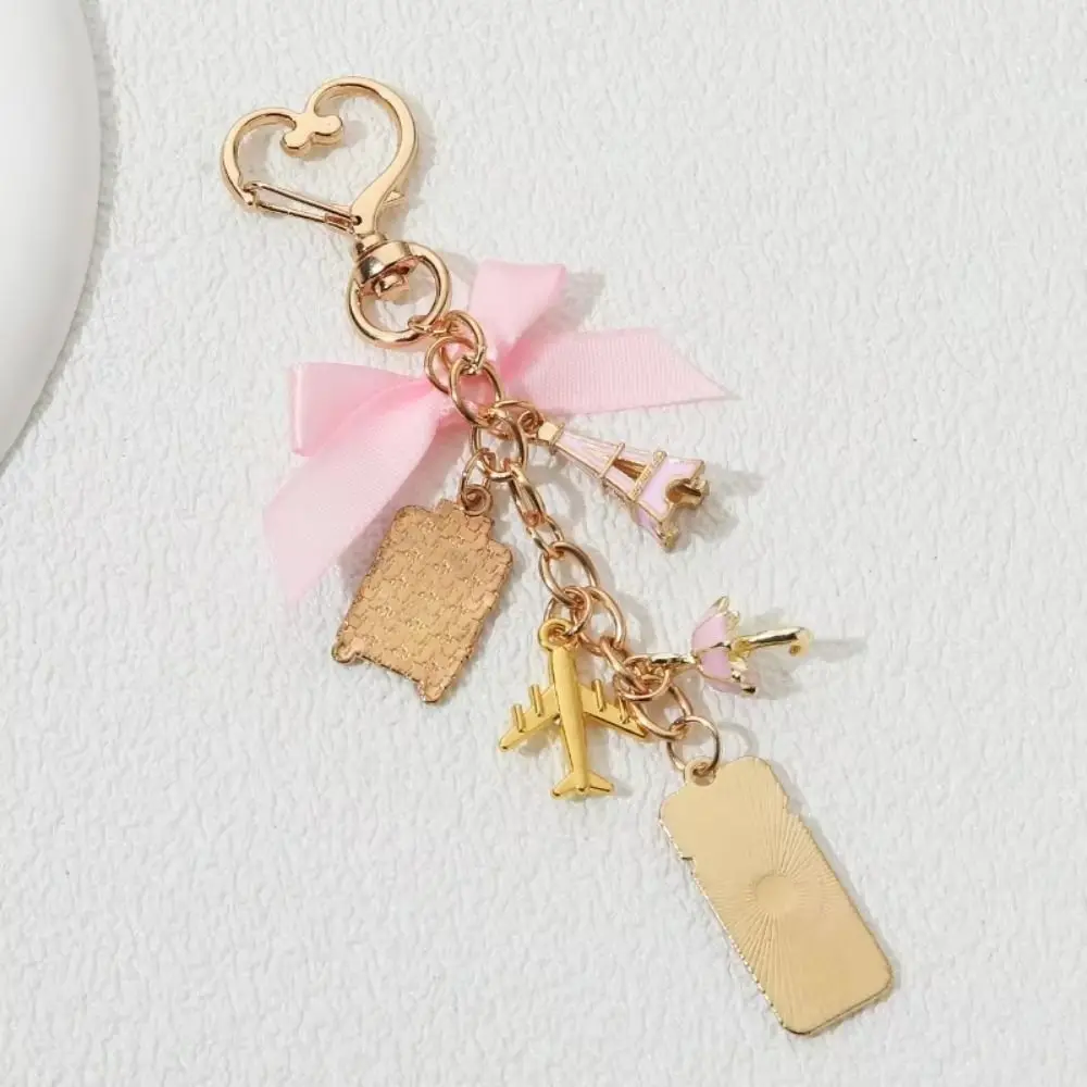 Pink Enamel Keychain Heart Buckle Ticket Luggage Plane Eiffel Tower Romantic Key Ring Versatile Accessory Backpack Decoration