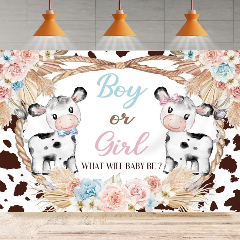 Holy Cow Gender Reveal Photography Backdrop Pink Pampas Boy or Girl What Will Baby Be Background Home Party Backdrop Wall Banner