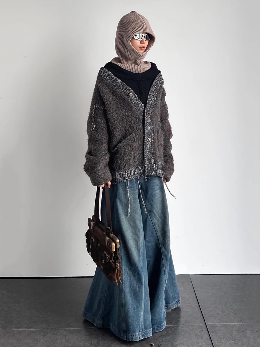 REDDACHiC Denim Blue Elephant Bell Bottoms Women Whiskers Do Old Patchwork Seam Oversized Flare Jeans Grunge Harajuku Streetwear