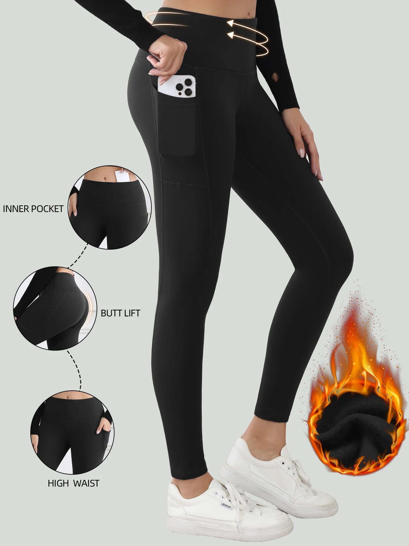 Women Pockets Thick Winter Velvet Leggings With Inner Pocket High Waist Casual Thermal Leggings Prevent Cold Super Warm Pants