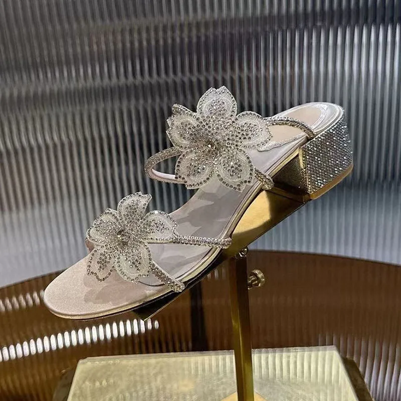 Slippers Open Toe Rhinestone Flower Decor Sandals Summer Women's Thin Strip Design Thick Heel Dress Shoes Wedding Shoes - view 5