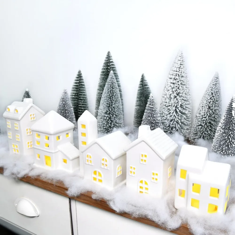 

Ceramic Christmas Village Houses, 5 White Christmas Houses, 9 Christmas Trees, and Fake Snow Farmhouses