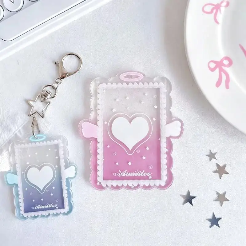 New New 1Pcs Cute Acrylic Kpop Photocard Holder Angel Wing Star Keychain For Fans Photo Collection ID Card Display Bag Pendant