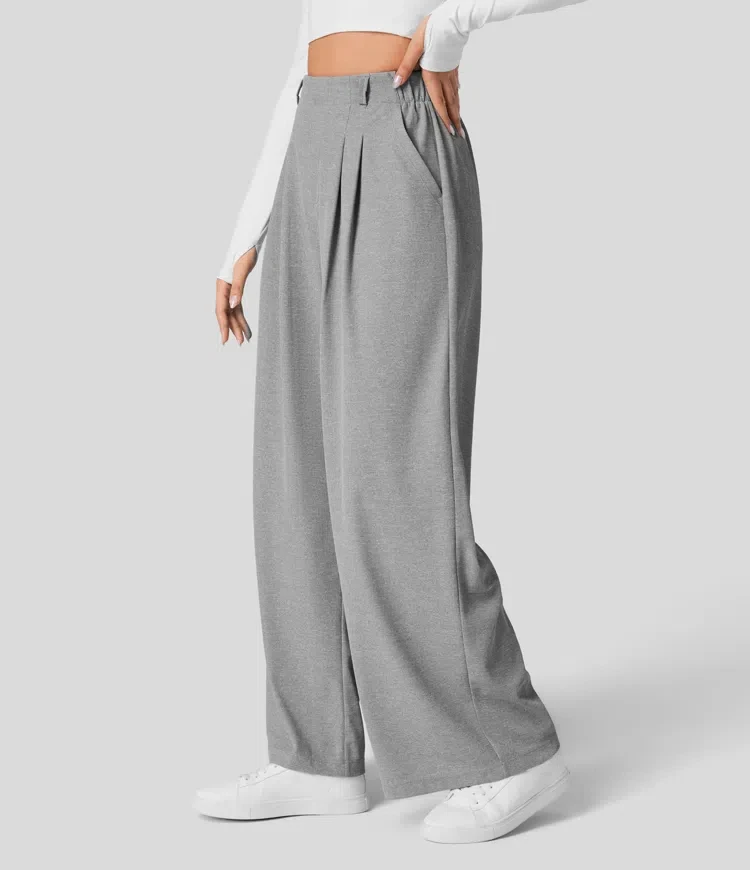 Damenhose, karierte, figurbetonte Hose mit weitem Bein und Taschen, hochtaillierte, lässige, figurbetonte Hose mit weitem Bein für Damen. – Detail 28